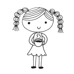 Cute girl with hot coffee doodle cartoon character hand drawing isolated