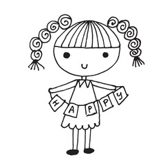 Cute girl with sign happy doodle cartoon character hand drawing isolated