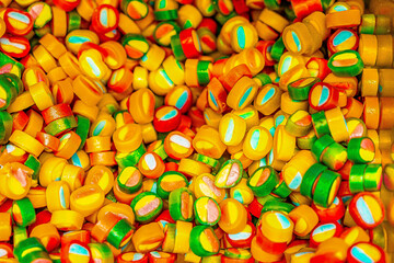 Assorted colorful gummy jelly candies. Top view. Jelly sweets.