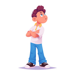 Young surprised cartoon boy standing with arms crossed and looking around 