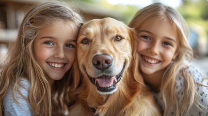 Happy twin sisters hugging a golden retriever, outdoor portrait of smiling kids with pet, friendship, love, childhood, nature, family moment, joyful connection.