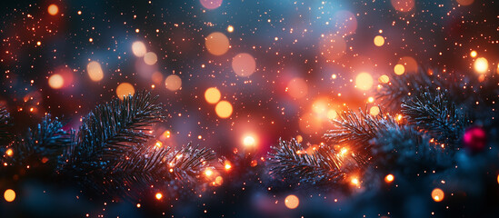 Fototapeta premium Spruce tree, Christmas tree close up, bokeh lights background. Merry Christmas and Happy Holidays greeting card, frame, banner. New Year. Noel. Winter xmas festive theme.