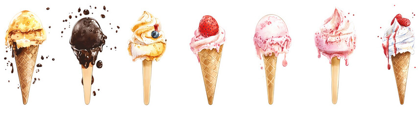 Watercolor ice-creams with wafer
