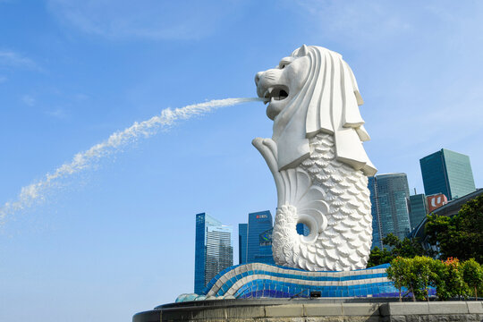 Singapore- July 15, 2024: Low-angle view of the Merlion buildings in Singapore. Merlion is the official mascot of Singapore.