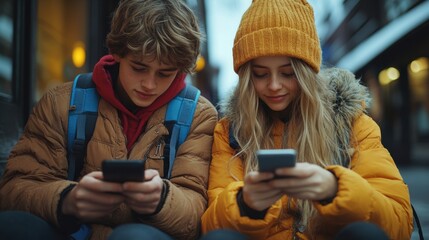 Teen boy and girl in cozy winter clothes using smartphones outdoors, sitting together, casual connection, warm autumn tones, modern lifestyle, digital interaction, travel backpacks.