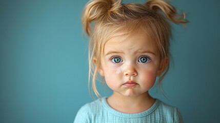 Portrait of sad little girl with blue eyes, tear-stained face, pigtails, emotional child expression, turquoise background, innocence, vulnerability, close-up, young kid crying.