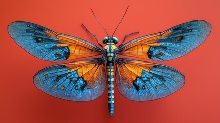 Vibrant Butterfly on Striking Red Background with Blue and Orange Wings