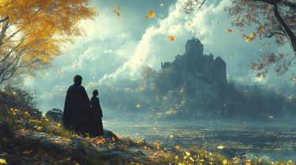 Fantasy castle shrouded in autumn mist, two cloaked figures standing near lake, mysterious setting, medieval architecture, golden leaves falling, magical dreamy landscape.