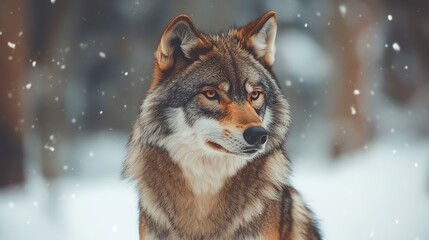 Fototapeta premium A wolf stands in a snowy forest and looks intently at the camera.