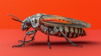 Striking Close-up of a Locust on Vibrant Red Background