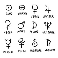 Space doodle astrology black planets pictograms. Hand-drawn set bundle doodle stellar characters. Moon, Sun, Neptune, Saturn and more pictogram symbols planets. Comic cartoon astronomy concept. Hand © Knstart Studio