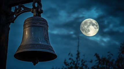 Old bronze bell hanging outdoors at night, large full moon in the background.