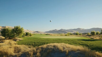 Golf ball mid-flight over a scenic course, clear sky