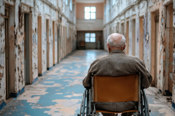 Nursing Home. An elderly man in a wheelchair sits in a deserted, dilapidated corridor, reflecting a sense of isolation and abandonment in a former institution.