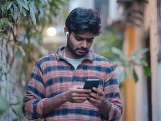 Fototapeta premium Young Man Engrossed in Cell Phone
