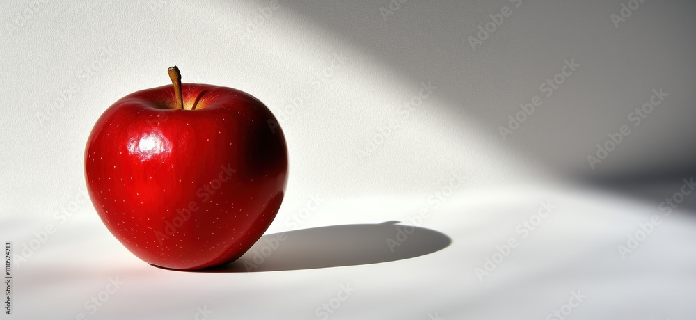 Poster red apple on white background with shadow, copy space for text