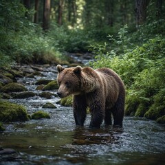 A playful bear cub exploring a forest stream, with lush greenery surrounding it and a clear sky shining down.