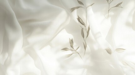 delicate botanical shadows, white cotton fabric texture, minimalist nature impression, soft focus photography, monochromatic palette, subtle plant silhouettes, ethereal mood, fine art composition