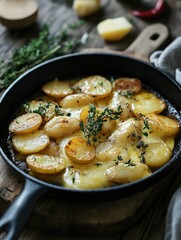 Home-cooked Baked Potatoes with Rosemary in a Cast Iron Skillet