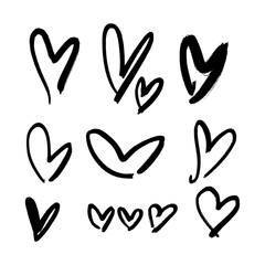 Black grunge hearts set collection brush vector hand drawn symbol cute heart illustration clip-art. Love Valentine symbol. Decor elements for logo, label, emblem, poster, postcard, nail stickers, t