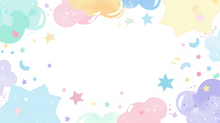 White blank frame with a pastel-colored background, simple shapes and lines in a pastel palette of pink, blue, purple, yellow, and green, creating a kawaii aesthetic with cute stars and clouds.