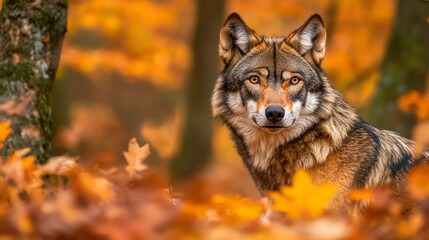 Fototapeta premium A wolf standing in an autumn forest.