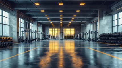 Fototapeta premium Empty fitness center interior with rows of weights, machines, bright windows, spacious workout area, minimalistic design, exercise equipment, and natural light reflections.
