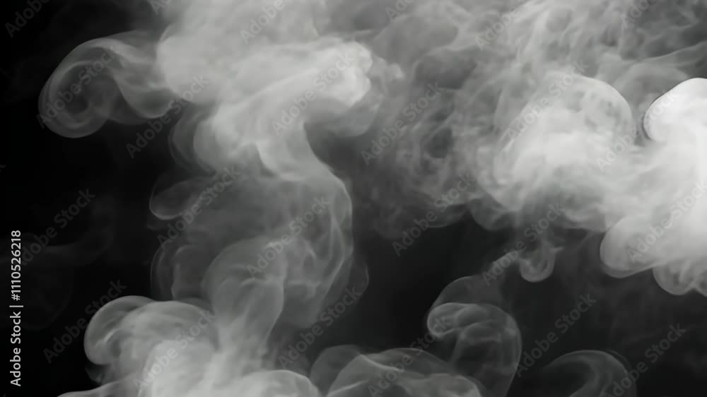 Poster swirling white smoke forms mesmerizing patterns against a black background during a low-light settin