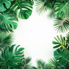 tropical leaf frame composition, monstera deliciosa leaves, banana palm fronds, areca palm leaves, white center space, photorealistic 3d rendering, vibrant green foliage, botanical illustration,