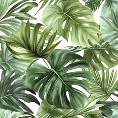 tropical botanical border, mixed palm fronds, large tropical leaves, monstera leaf pattern, pure white central area, realistic plant illustration, layered foliage design, natural green shades