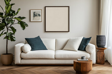 3D-rendered blank poster frame mockup in a Scandinavian-style living room interior with a white sofa, green plant, and modern minimalist design