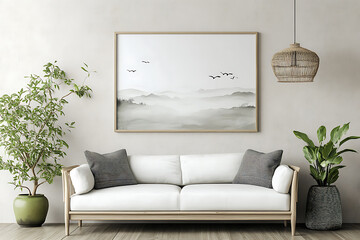 3D-rendered blank poster frame mockup in a Scandinavian-style living room interior with a white sofa, green plant, and modern minimalist design