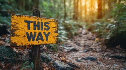 Rustic yellow "This Way" sign on forest trail with sunlight peeking through trees, hiking path, adventure mood, nature navigation, and serene outdoor exploration.