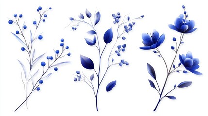 cool-toned botanical set, sapphire leaves, azure flora elements, indigo stems, geometric berries, contemporary plant illustration, gentle gradients, clean aesthetic