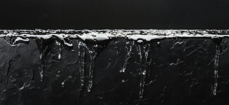 Water dripping from black surface, sleek texture, high contrast, minimalistic design, dark background, reflective surface, droplets, copy space for text