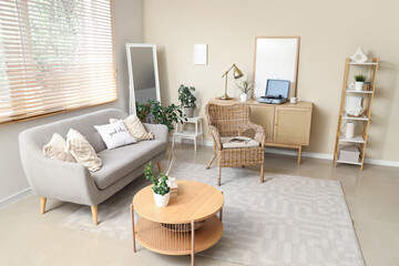 Interior of living room with sofa, armchair and commode