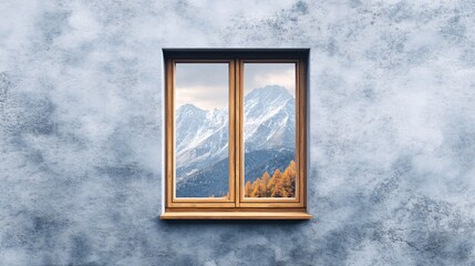 Wooden window offering breathtaking view of majestic snowy mountains and autumnal forest