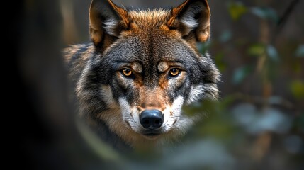 Fototapeta premium A wolf with piercing eyes stares intensely at the camera from behind a bush of green leaves.