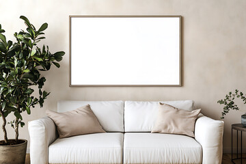3D-rendered blank poster frame mockup in a Scandinavian-style living room interior with a white sofa, green plant, and modern minimalist design
