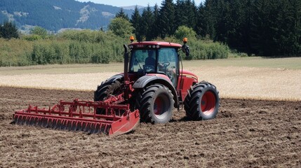 Obraz premium Heavy plow attached to a powerful tractor, dry soil being tilled, warm summer day,