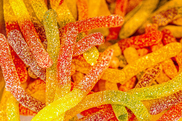Assorted colorful gummy jelly candies. Top view. Jelly sweets.