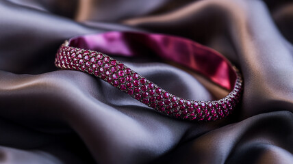 A bracelet adorned with rubies draped elegantly over a dark-toned, silky fabric