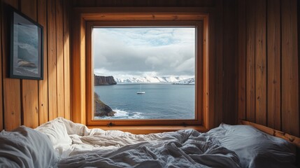Cozy bedroom showing ocean view with sailboat from large window in wooden cabin