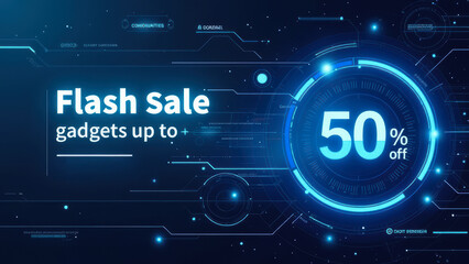Obraz premium Flash Sale Digital Illustration with Futuristic 50 Percent Off Discount Display, Technology Sale Concept