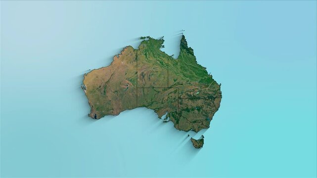 Australia animated map showing states forming the country with a physical map background and a chroma key alpha channel.