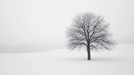 Bare tree standing in a snowy field during foggy winter day