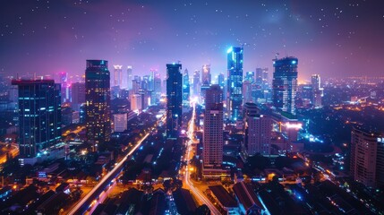 Fototapeta premium A vibrant night cityscape showcasing illuminated skyscrapers and bustling streets under a starry sky, reflecting modern urban life.