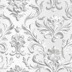 graceful floral scrollwork pattern, light silver botanical design, sophisticated victorian motifs, continuous curling vines, elegant flower detail, refined damask ornament, classic textile pattern,