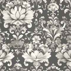 luxurious floral damask wallpaper, monochromatic grey pattern, flowing baroque curves, delicate blossom details, ornate victorian scrolls, sophisticated botanical design, classic interior motif,