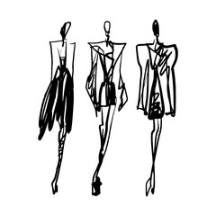 Podium abstract women with hat black ink brush fashion week design clothing sketch. Fashionable models hand drawn illustration, stylized inky brush silhouette isolated on white background clipart